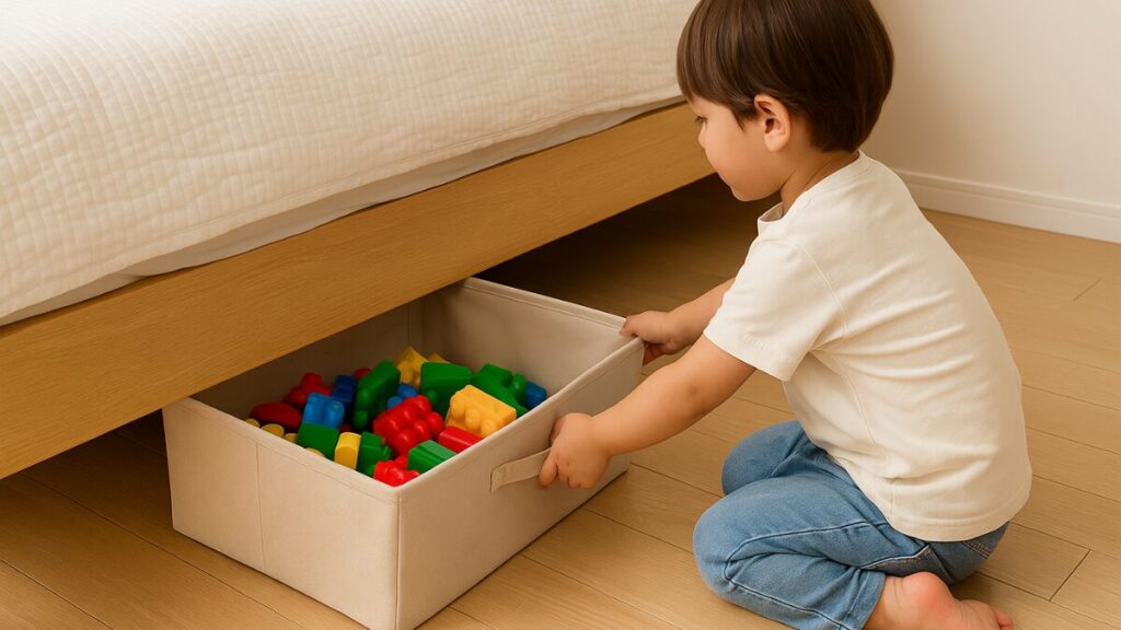 ベッド下収納を引き出す子ども