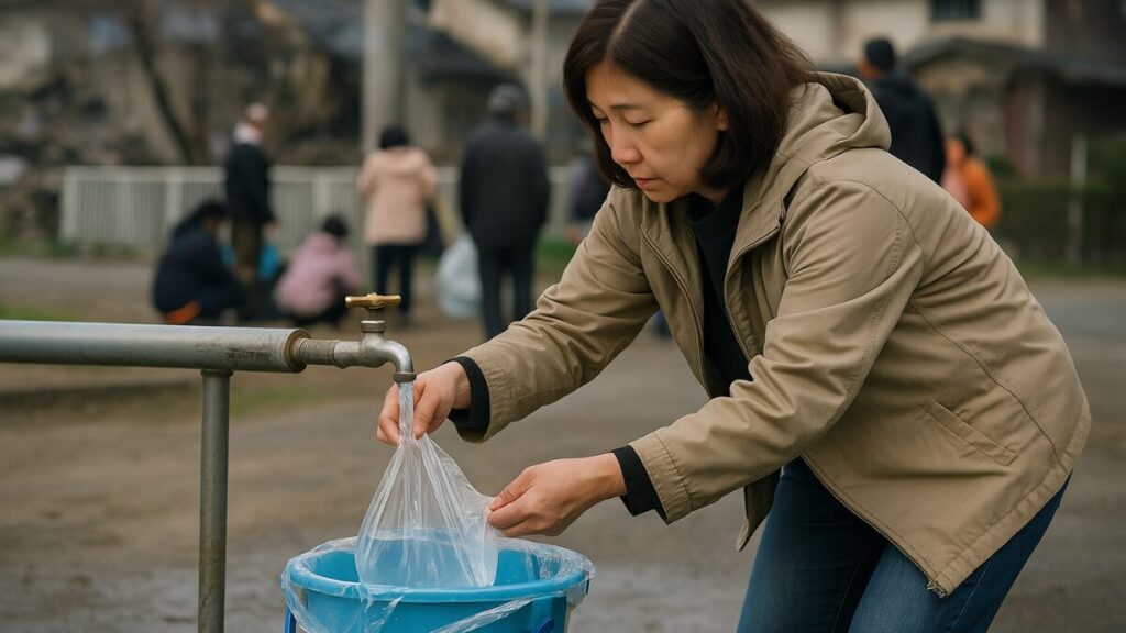 給水所でポリ袋に水を入れて運ぶ様子