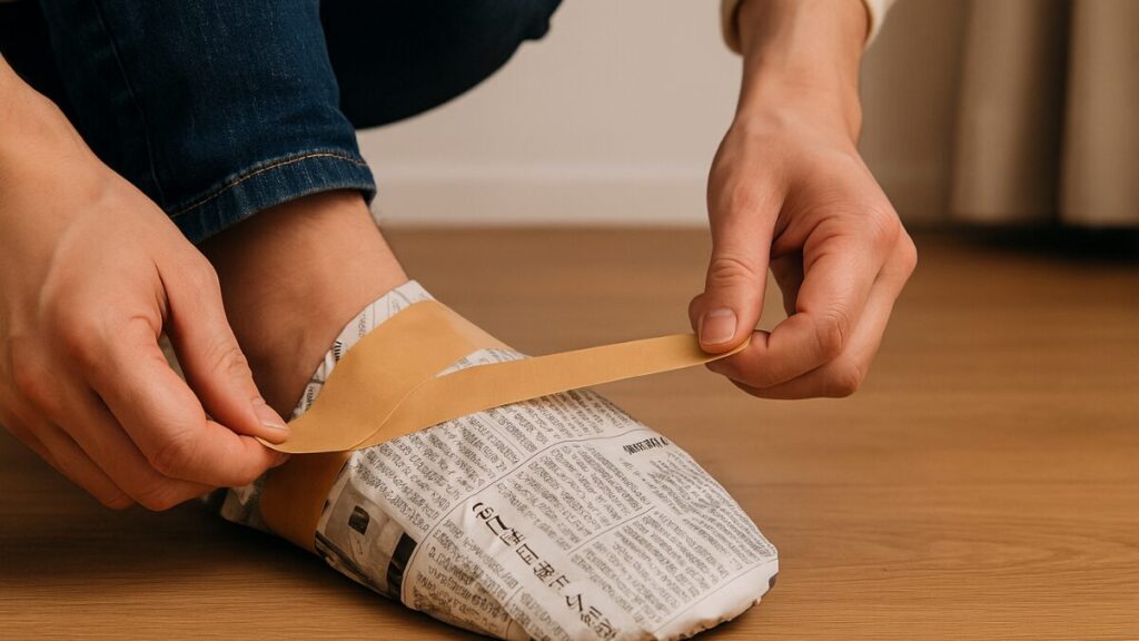 新聞紙で即席スリッパを作る様子