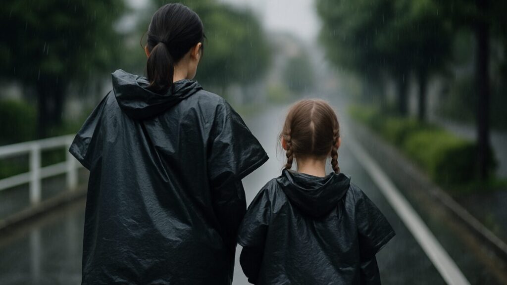 ゴミ袋を着て雨の中を歩く災害時の親子