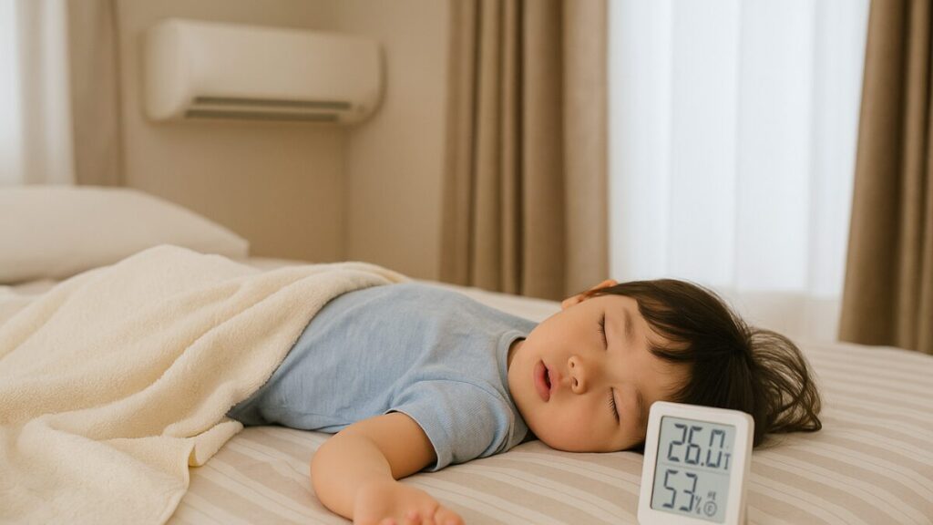 タオルケットで寝る子ども・温湿度計が映る室内