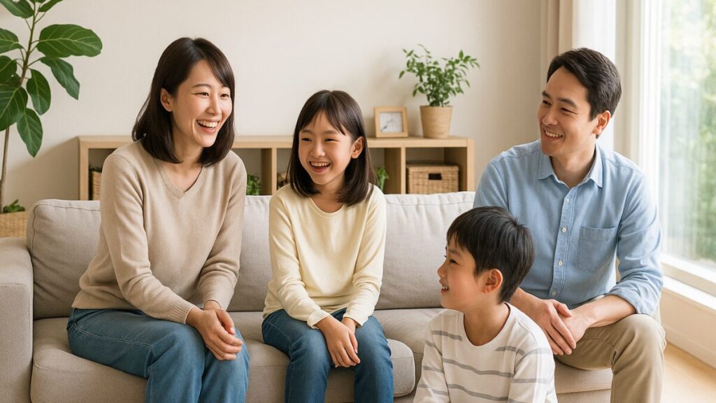 整った部屋でくつろぐ家族