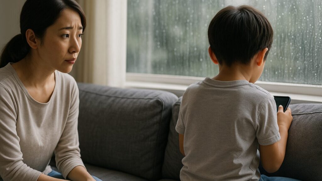 雨の日に自宅で退屈している子どもの後ろ姿と、それを気にかけるママの様子