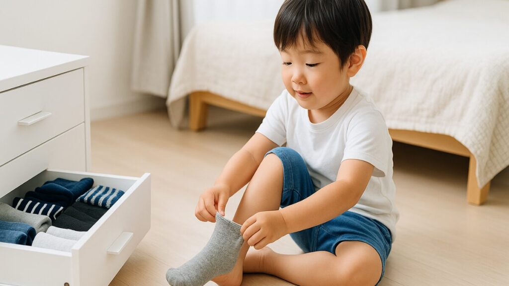 子どもが自分で靴下を取り出して履いている姿
