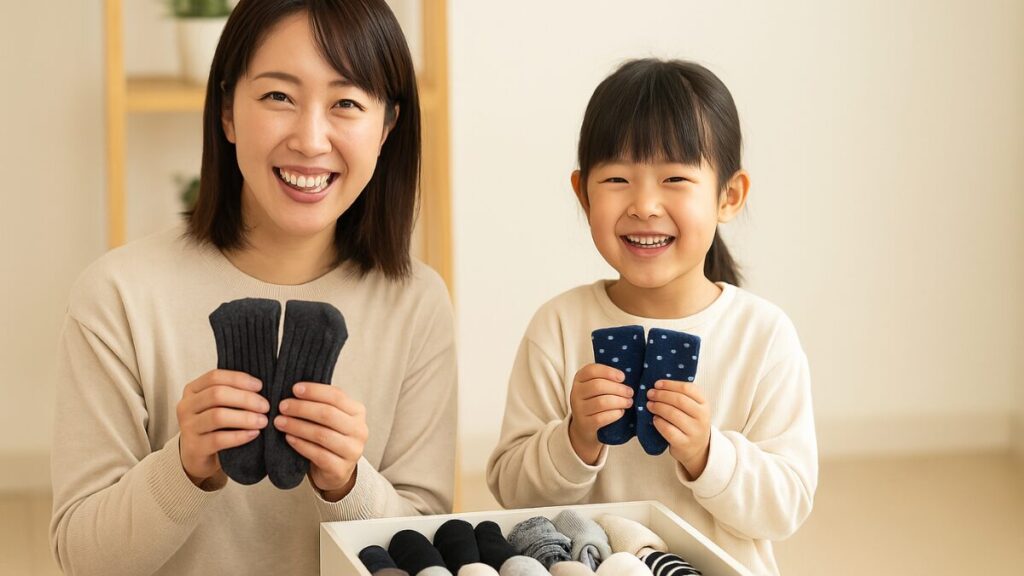 笑顔で靴下をそろえているママと子ども