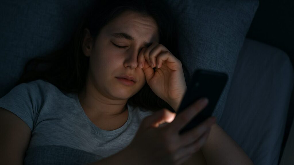 スマホの光で眠れずに目をこすっている様子