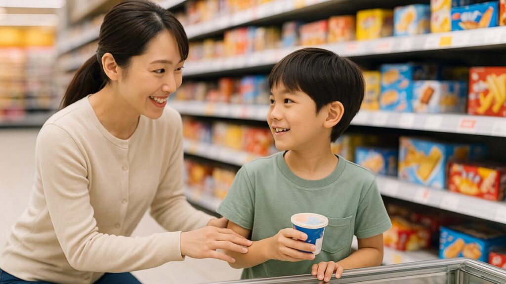 親子でアイスを選ぶ風景