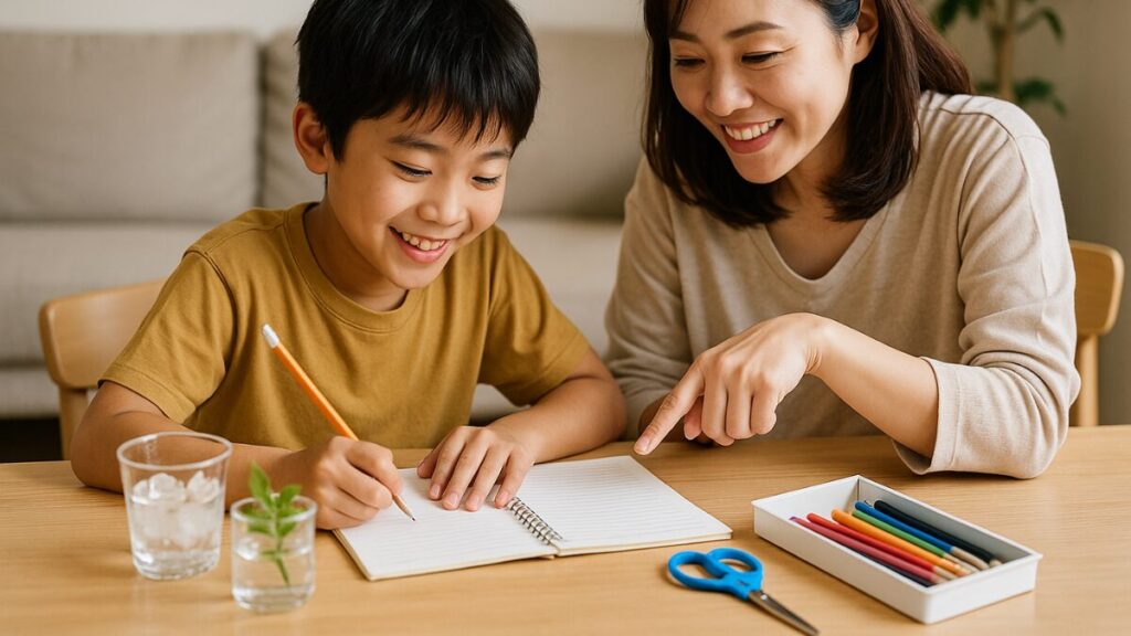 親子で夏休みの自由研究をしているところ